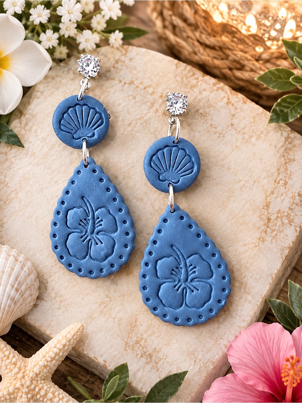 Handmade Polymer Clay Blue Floral Teardrop Dangle Earrings - Women Jewelry